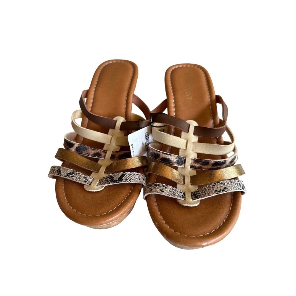 Lane Bryant Womens Multi-Strap Cork Wedge Sandals Size 10W Brown Gold Snake Prin